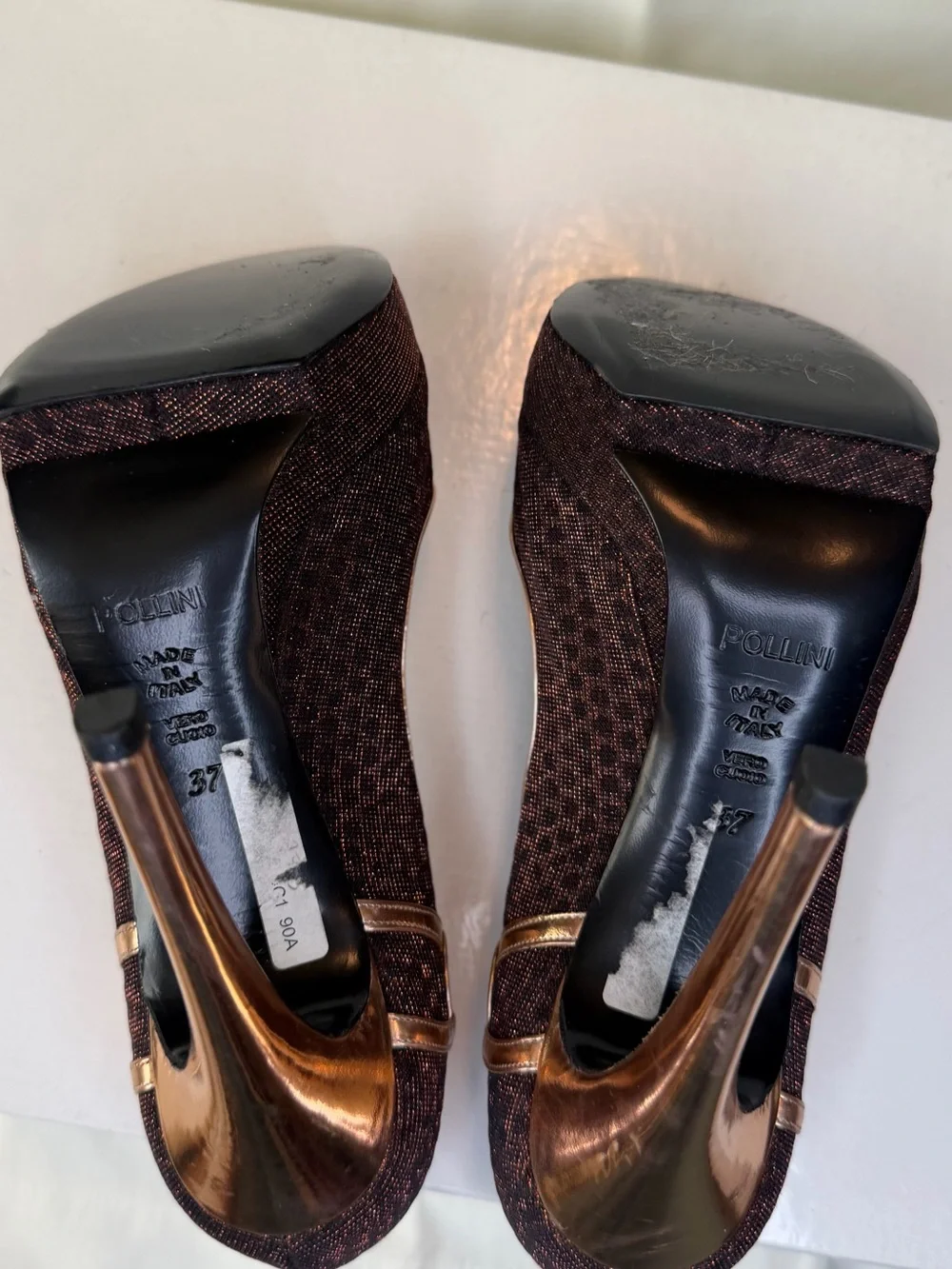 Pollini Brown Pumps with Rose Gold Trim and Purple Insole